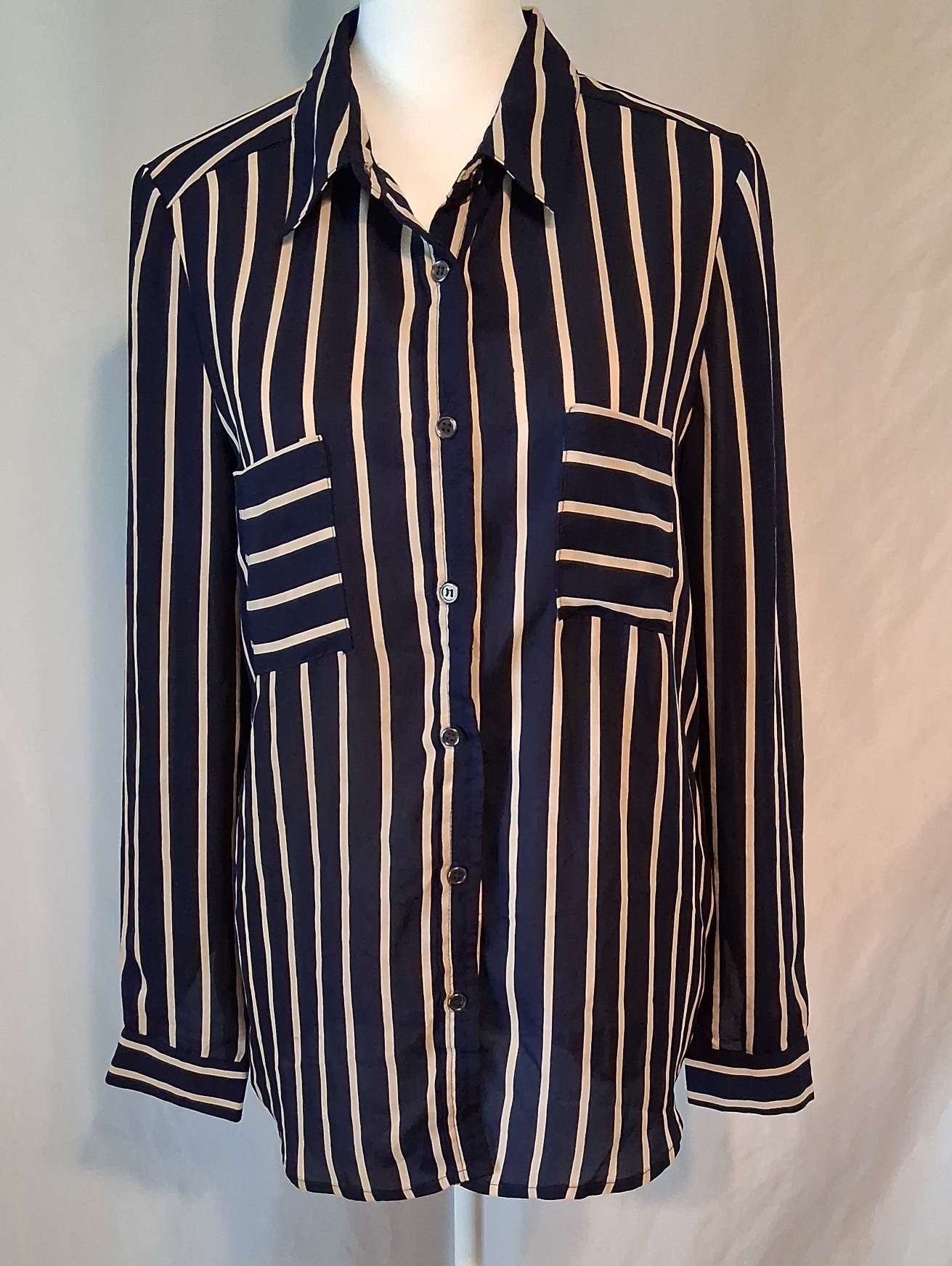 Ya Los Angeles Navy Cream Vertical Stripe Button-Up Blouse Medium